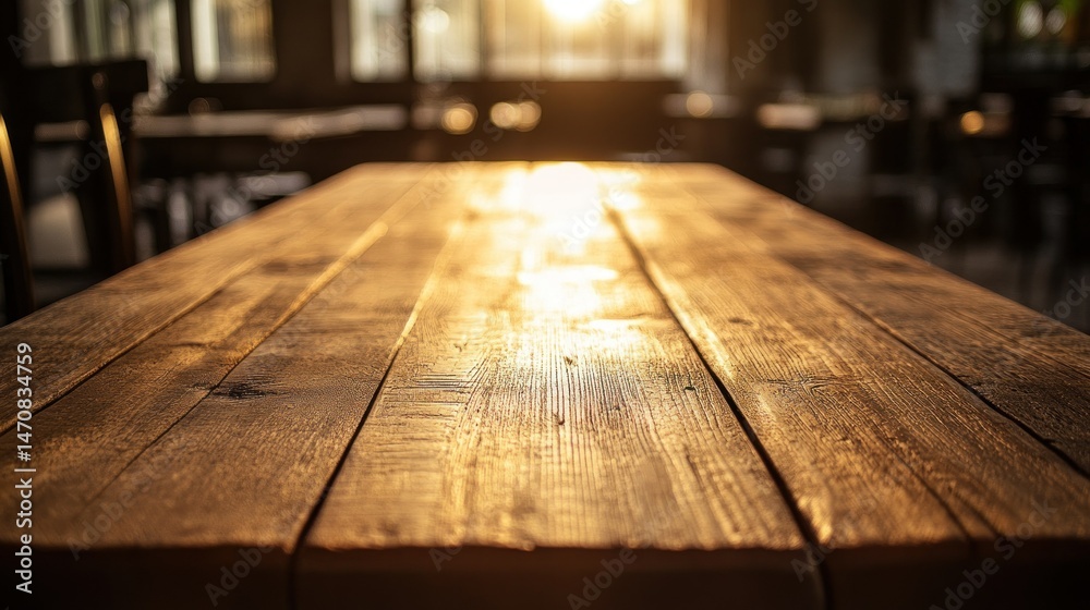 A wooden table with sunlight illuminating the surface and background A wooden table with sunlight illuminating the surface and background