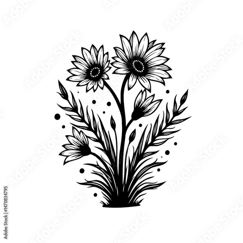 Elegant floral arrangement drawing with delicate petals and intricate linework