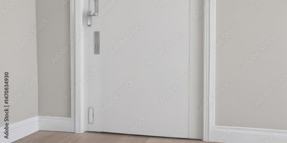 Naklejka premium Modern white interior door detail, closed; sleek handle , home decor, detail