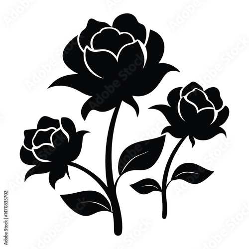Vintage Peony Blooms with Stems Vector Silhouette