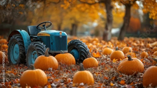 A vintage blue tractor surrounded by bright orange pumpkins in a rustic autumn setting.