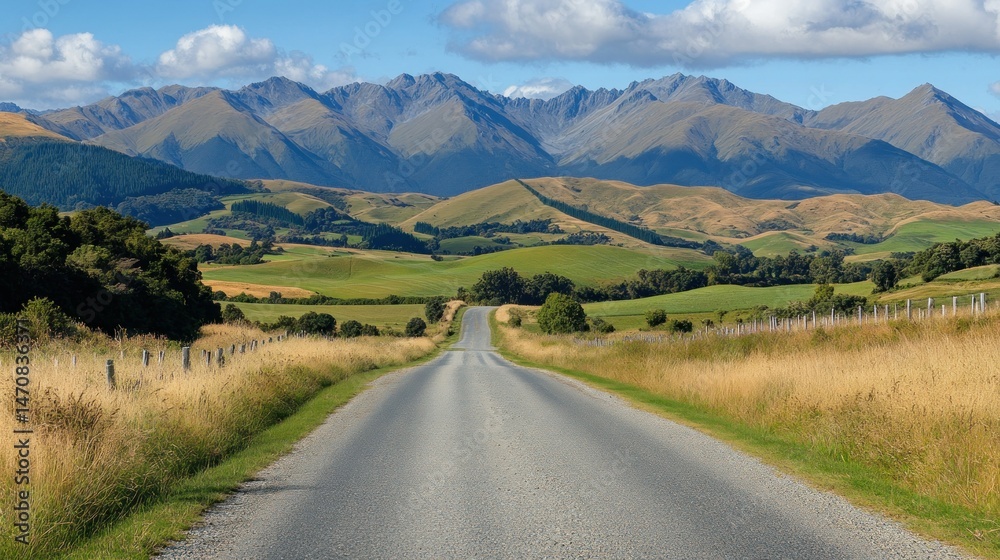 Naklejka premium A long paved road leading into a beautiful mountain landscape