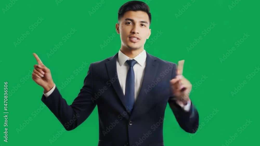 Focused Direction: A confident man, in a business suit, points purposefully, against a green backdrop, delivering a message with clear intention and purpose. Focused Direction: A confident man, in a business suit, points purposefully, against a green backdrop, delivering a message with clear intention and purpose.