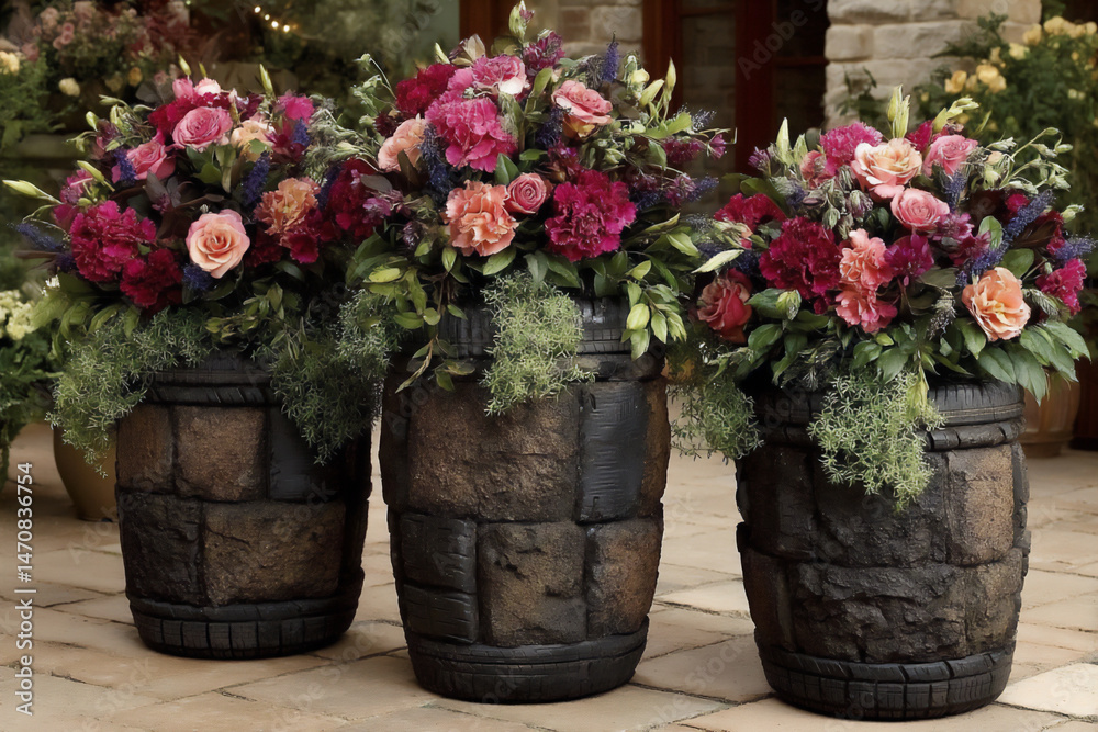 Fototapeta premium fun shaped flower pots made from cut-up old tires.