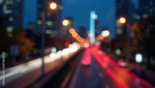 Close-up of blurry, out-of-focus cityscape at night, showing bokeh and light trails , soft lights, metropolitan