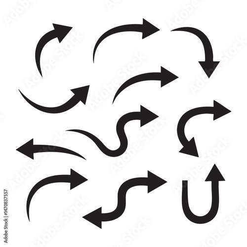 Set of curved arrow silhouette icons on white background