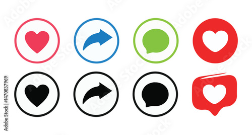 Like, Share, comment and love icon button, social media vector.love and heart icon , comment icon , repost and share icon button. vector illustration eps 10.
