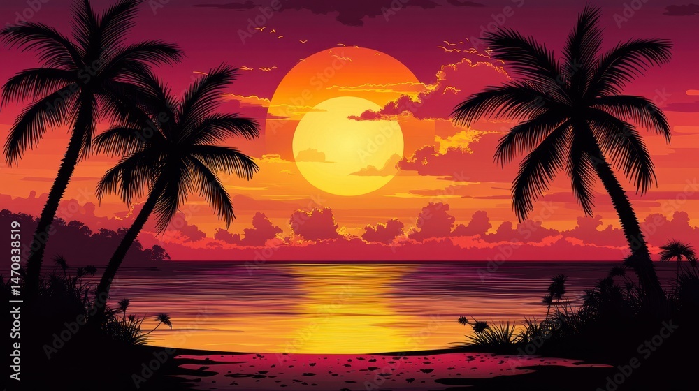 A beautiful sunset over the ocean with palm tree silhouettes A beautiful sunset over the ocean with palm tree silhouettes