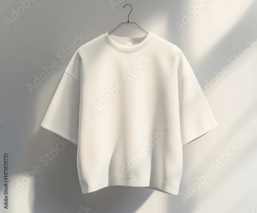 A cream-colored, oversized, short-sleeve t-shirt hangs on a simple clothes hanger against a light background