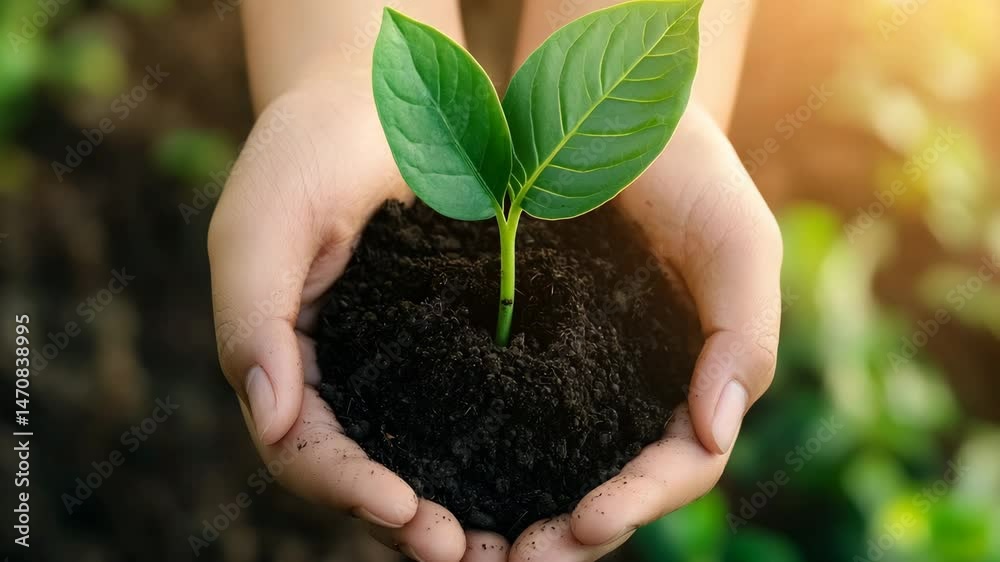 Hands gently cradle a young plant with vibrant green leaves, symbolizing growth and nurturing Hands gently cradle a young plant with vibrant green leaves, symbolizing growth and nurturing