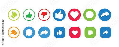 Like icon button , thumb up icon , love and heart icon , comment icon , repost and share icon button. Social media elements with different color.Social media notification icons. Vector illustration.
