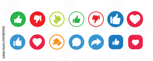 Like icon button , thumb up icon , love and heart icon , comment icon , repost and share icon button. Social media elements with different color.Social media notification icons. Vector illustration.