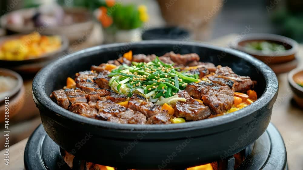 Delicious grilled meat and vibrant vegetables in hot stone pot, garnished for Korean cuisine feast Delicious grilled meat and vibrant vegetables in hot stone pot, garnished for Korean cuisine feast