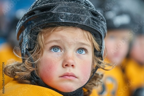 Child Wearing Protective Gear with Snowflakes Winter Sports CloseUp Portrait Blue Eyes Out