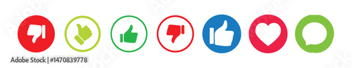 Like icon button , thumb up icon , love and heart icon , comment icon , repost and share icon button. Social media elements with different color.Social media notification icons. Vector illustration.