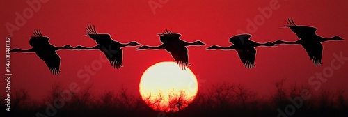 Silhouettes of cranes in flight at sunset photo