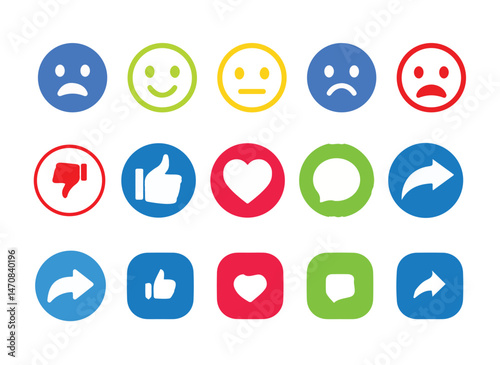  Reactions for social media. Like, dislike. heart, share, comment and more icon set for web.social media smiley emoji face. vector illustration eps 10.