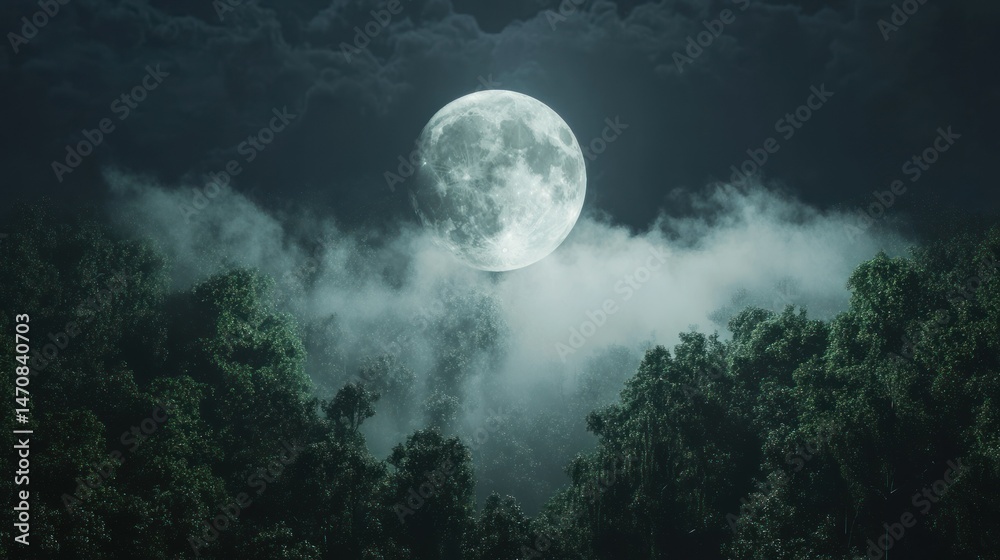 A large bright full moon shines over dark forest and clouds A large bright full moon shines over dark forest and clouds