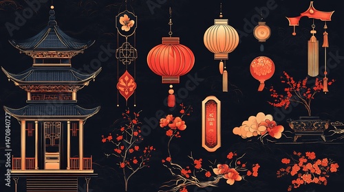 Elegant Chinese New Year Illustration with Lanterns and Traditional Elements