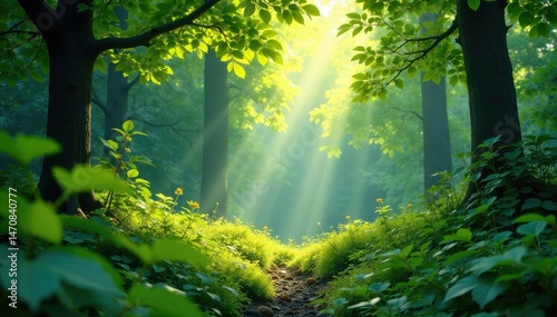 Lush forest green foliage, sunlight dappling through leaves , flora, emerald green, jungle