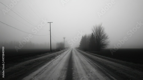 A long rural road disappearing into a thick atmospheric fog