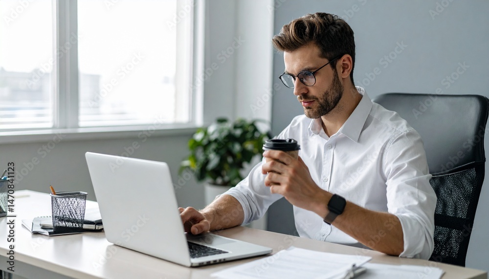 Obraz premium コーヒーでリラックスする作業,Man working relaxed with coffee 