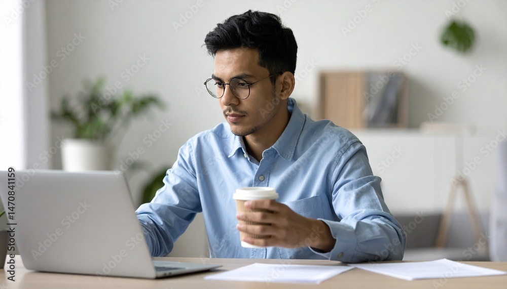 Fototapeta premium コーヒーでリラックスする作業,Man working relaxed with coffee 