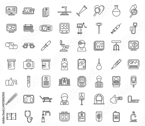 Outlined medical icons meticulously arranged
