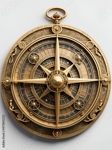 An ornate golden astrolabe with detailed designs, representing a classic navigational tool and symbolizing the pursuit of knowledge through celestial navigation.