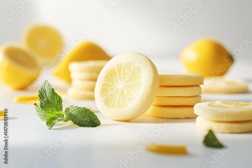 Lemon cookies stacked, adorned with fresh mint leaves and lemon slices