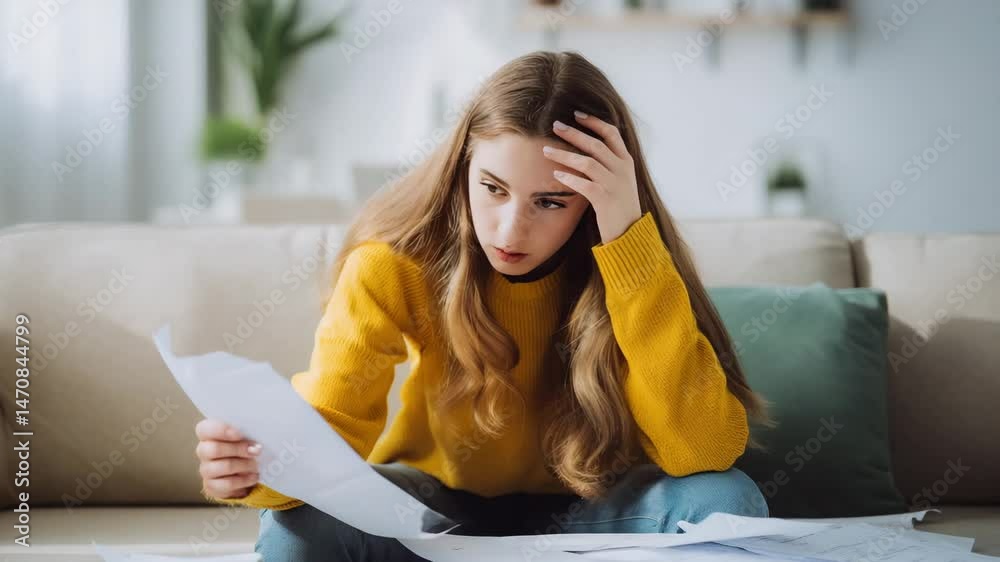 Worried woman in yellow sweater reading paper on sofa indoor feeling stressed