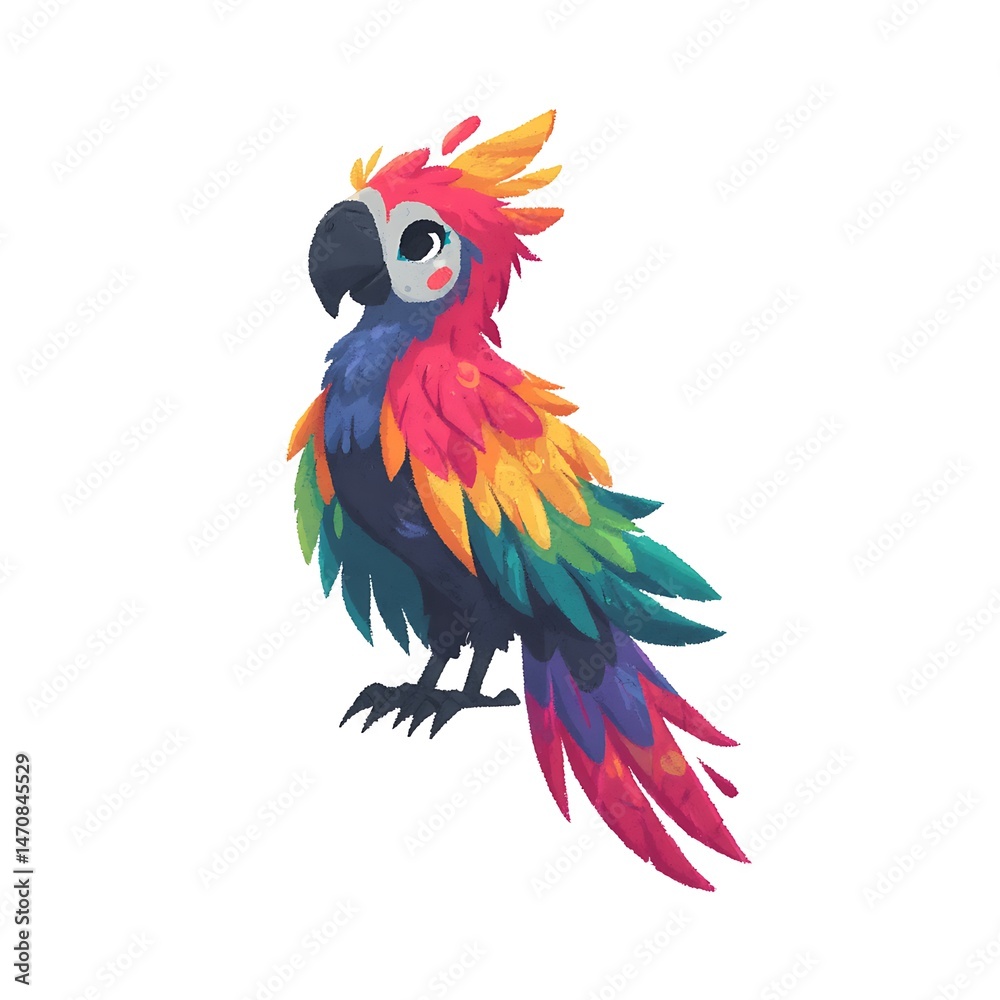 Obraz premium Vibrant Cartoon Parrot: A brightly colored parrot with rainbow plumage stands on a white background.