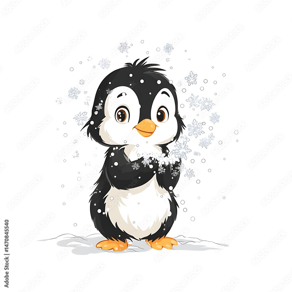 Fototapeta premium Adorable cartoon penguin stands in the snow, holding snowflakes with delight in a winter wonderland.