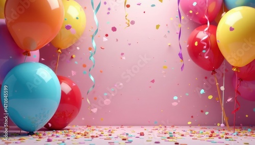 Vibrant party decorations including balloons, streamers, and confetti , birthday, feast