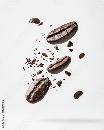 Coffee beans in mid-air, shattering