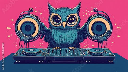 Owl dj mixing music colorful illustration graphic design photo