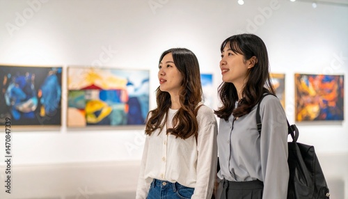 ギャラリー　展覧会を歩きながら見ている若い女性