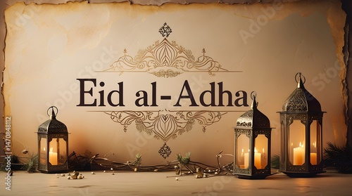 Elegant Eid al-Adha Greeting with Classic Border. Elegant beige Eid al-Adha greeting with classic ornaments and warm lantern glow.