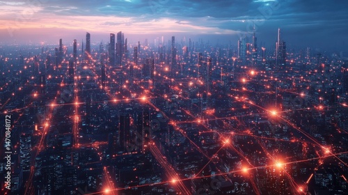 Wallpaper Mural Futuristic city skyline at dusk with glowing network lines Torontodigital.ca