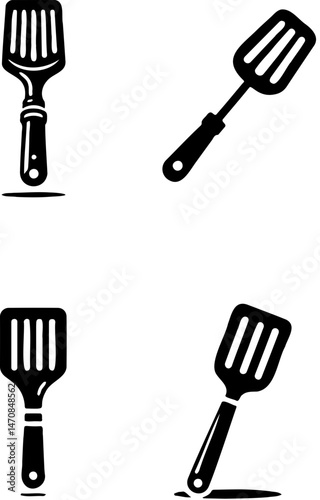 Set of four vector spatula icons featuring cooking utensils with different angles and designs, perfect for food or kitchen projects.