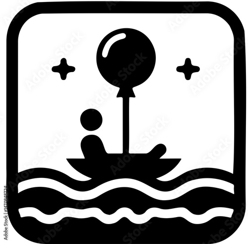 person holding balloon in boat icon with stars