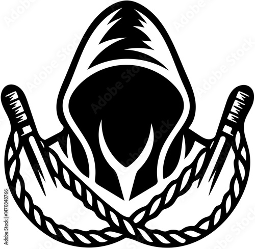 hooded person holding ropes in circular icon