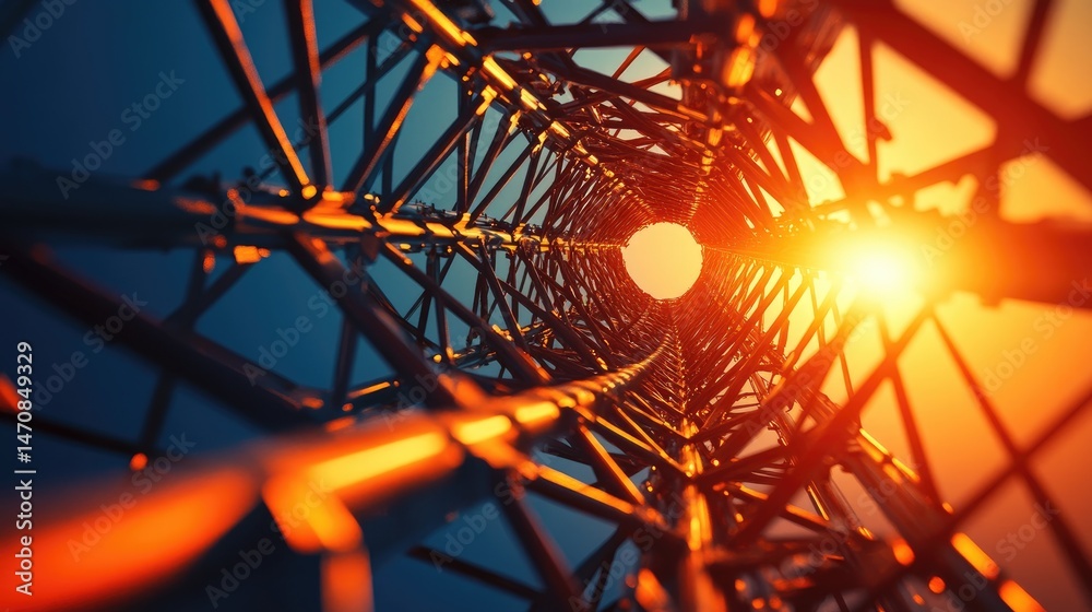 Fototapeta premium Complex metal framework structure viewed from within.