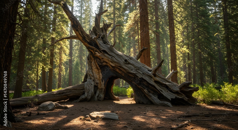 Obraz premium Fallen Tree in Forest Sunlight
