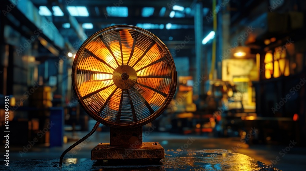 Fototapeta premium A glowing industrial heater inside of a dimly lit factory setting