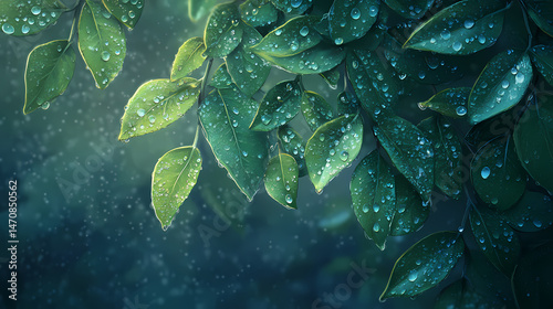 Dew covered green leaves refreshing natural beauty after a rain shower with vivid details. [Lunar Botanica] | Crystalline Leaves | shining blade. Illustration