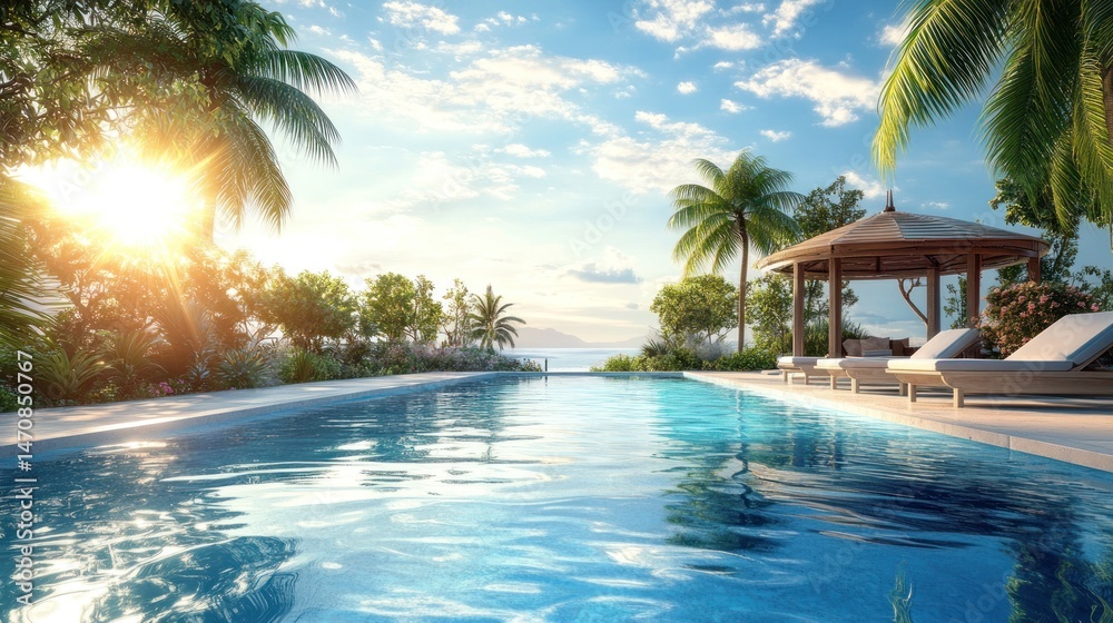 Fototapeta premium Serene tropical poolside scene with sun, palm trees, and gazebo