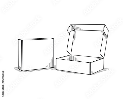 Open and Closed Carton Boxes: Hand-Drawn Line Art Design