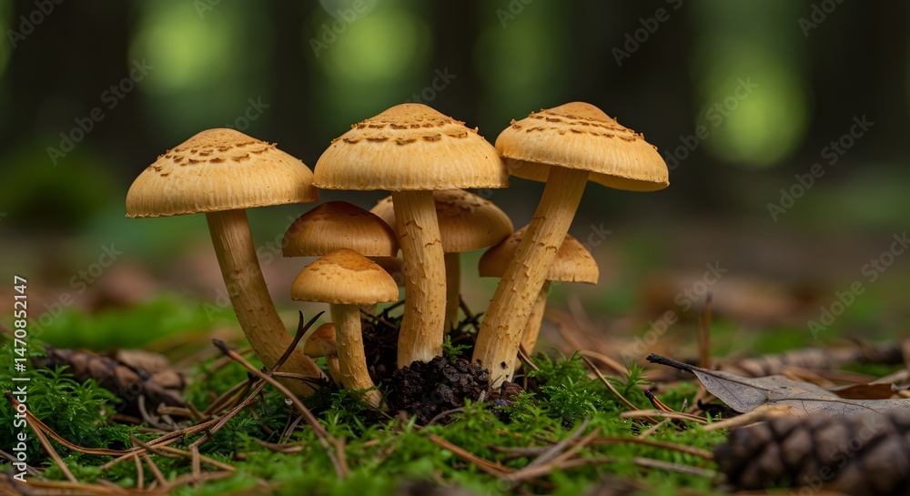Fototapeta premium Forest Mushrooms on Moss and Pine Needles