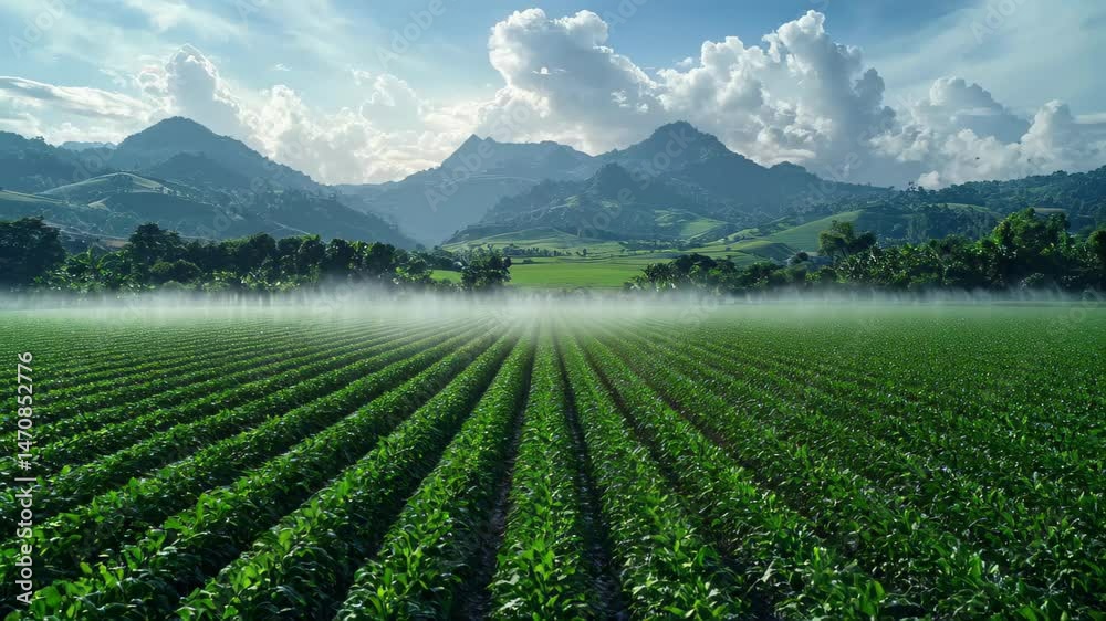 A serene landscape of lush green fields surrounded by majestic mountains under a partly cloudy sky.